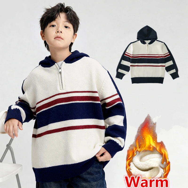 

Fashion Child Winter Striped Hooded Sweater with Fleece Lined For Teens Boys Insulated Knitted Outfit Kids Warm Zipper Knitwear