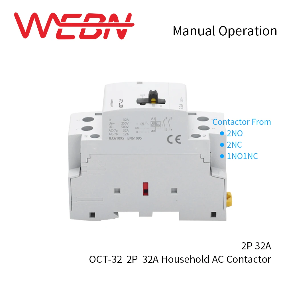 BCH8-32M Series 2P 32A Manual AC Household Contactor 220V/230V 50/60Hz Contact 2NO/1NO+1NC/2NC Din Rail Modular Contactor