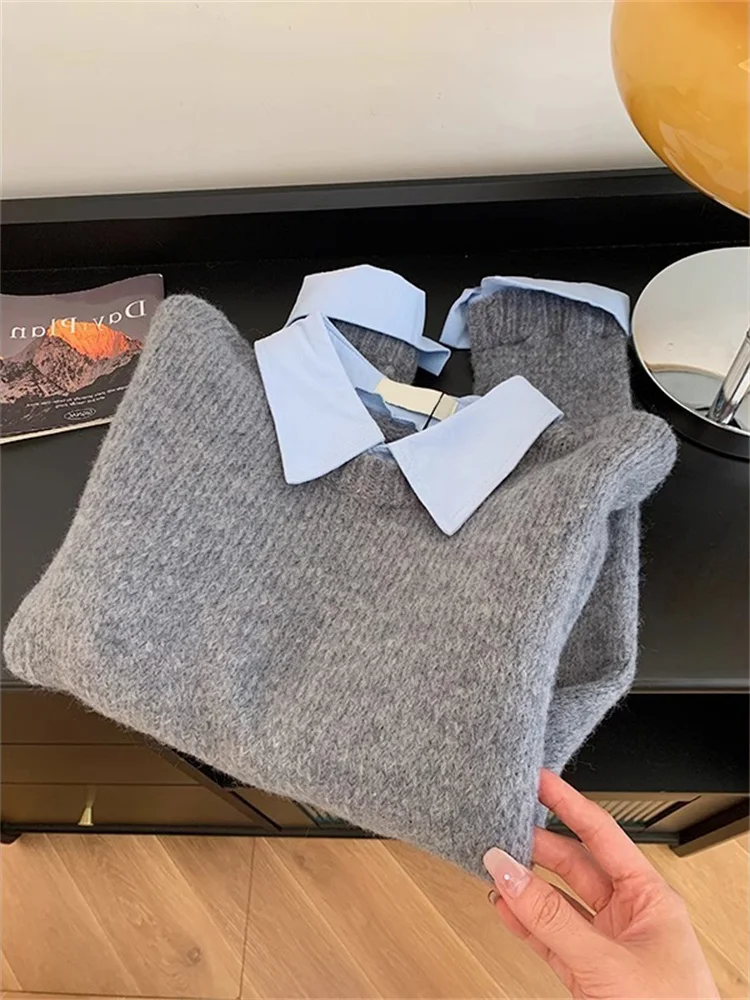 

Ele irt Collar Knit Sweater Men Women Autumn Winter Inner Lazy Sle Color Blo Collar Knitted Top Faionable Co...