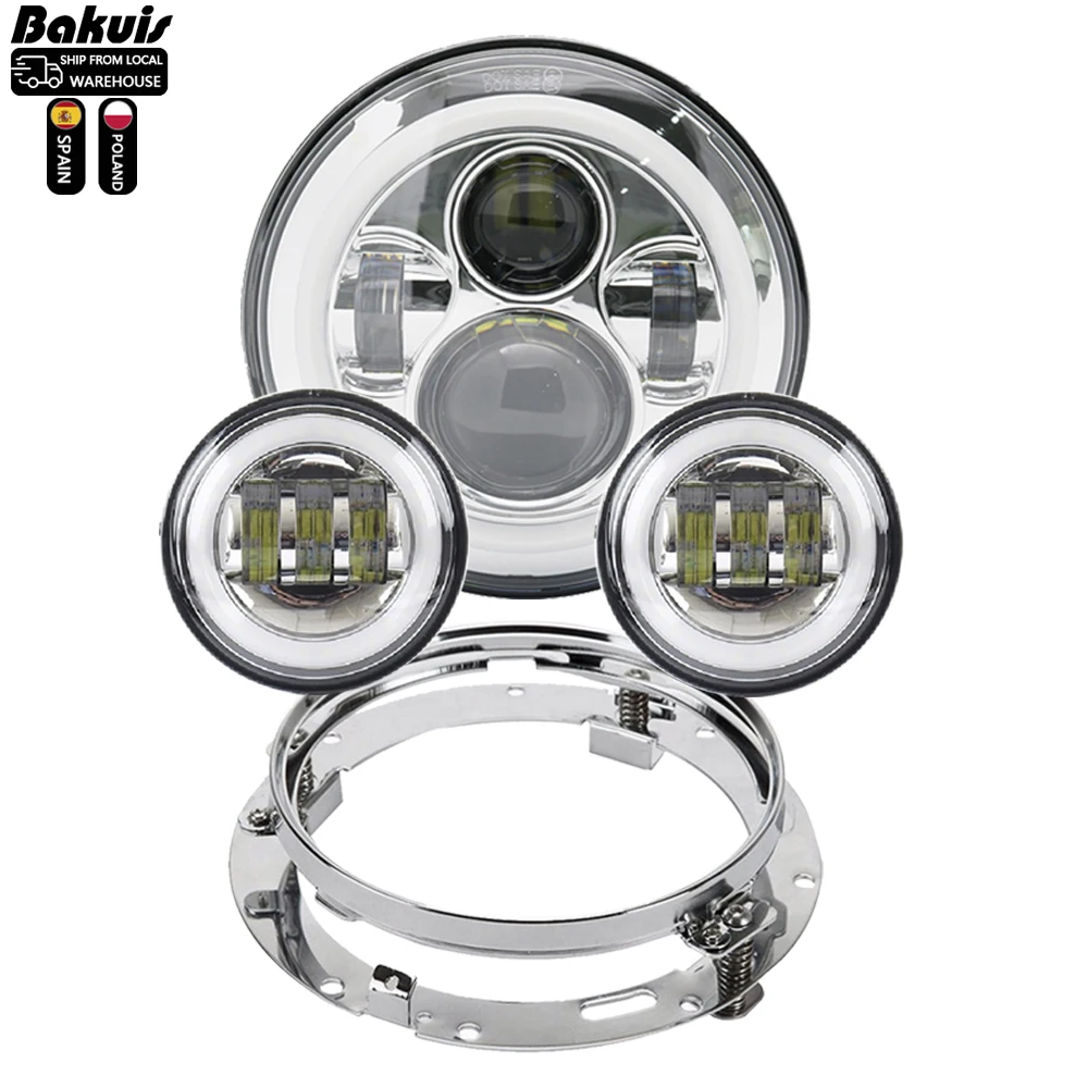Motorcycle 7 inch Moto LED Headlight for Harley Bike with 4-1/2'4.5' LED Passing Lamps Fog Lights & 7' Bracket Mounting Ring