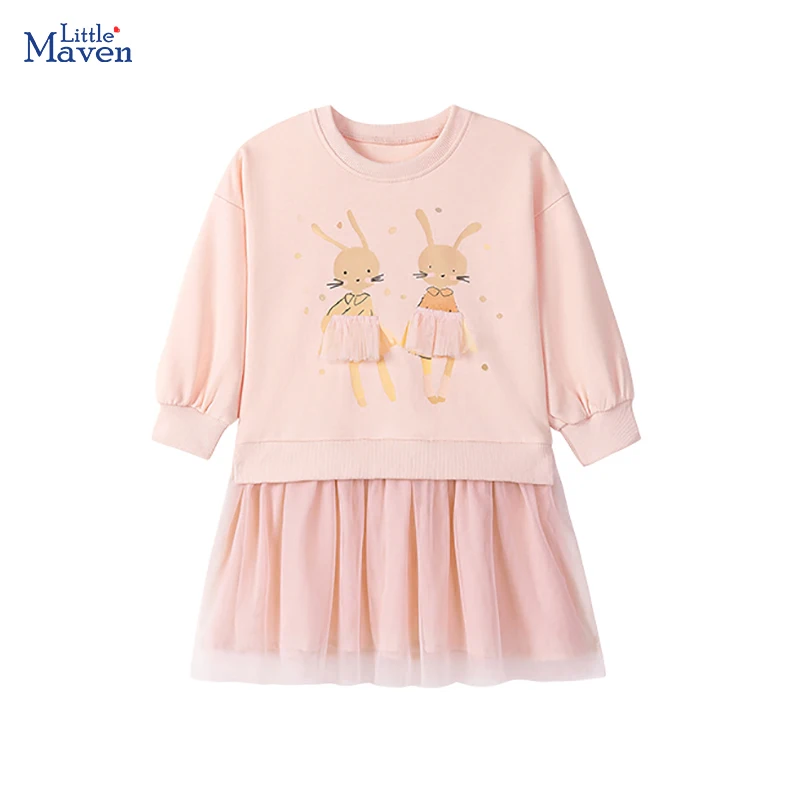 Little maven الحيوان أرنب الفتيات فساتين الخريف الخريف طفل الفتيات فساتين طويلة الأكمام الأطفال فستان كاجوال فساتين شبكية للأطفال