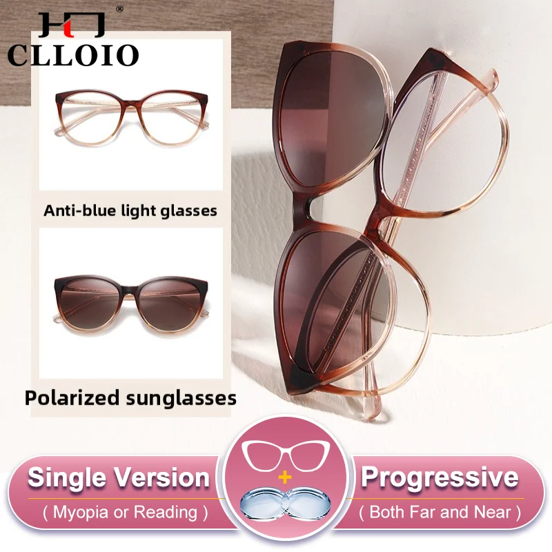 

CLLOIO Magnetic Clip-on Prescription Myopia Polarized Sunglasses Women Round Cat Eye Anti Blue Light Reading Progressive Eyeware