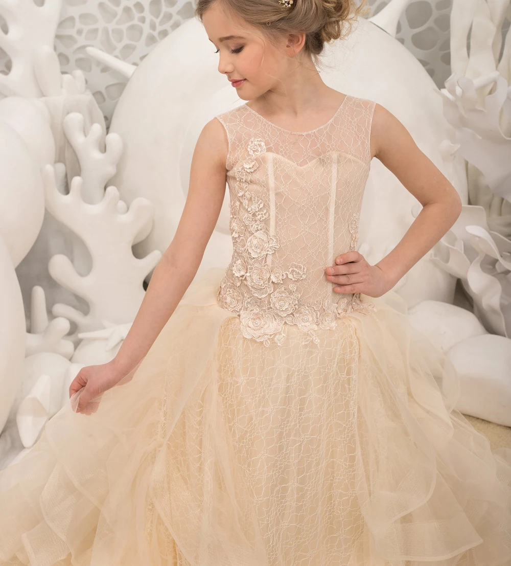 Lorencia First Communion Dress Shiny Tulle Floral Lace Applique Princess Flower Girl Dress For Weddings Kids Pageant Gown YFD042