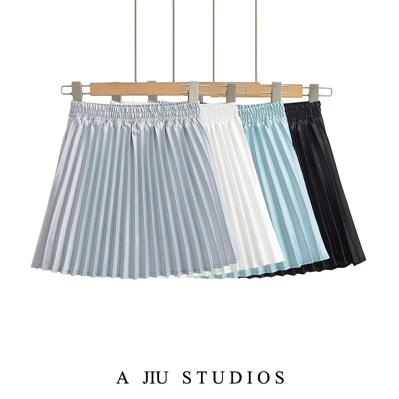 

Summer Vintage Elastic Waist A-Line Satin ort f Skirt Accordion Pleat Anti-Light Pure Desire ature Pleated Skirt