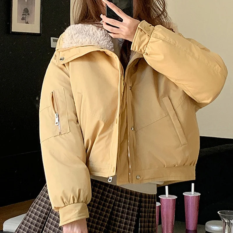 

Faux Wool Lamb Collar Parkas Women Fashion Zipper Up Short Parka Jacket Woman Winter Thicken Warm High Quality Parkas Female