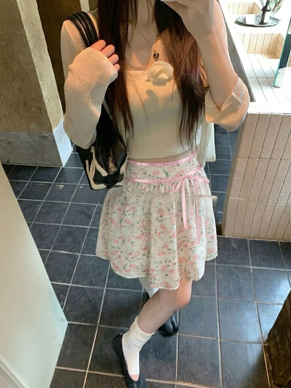 

Summer Floral Knot A-Line Skirt Women's Sweet Style Pink Versatile Short Skirt Commute High Waist Standard Fit