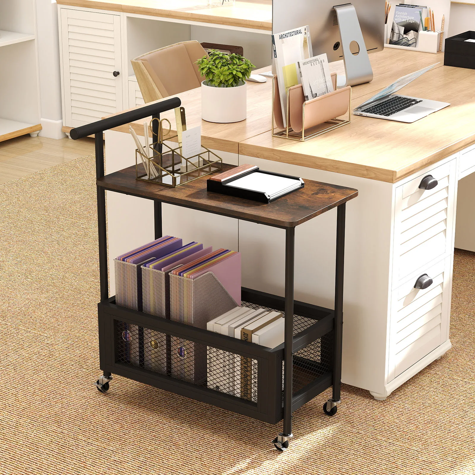 Rolling End Table w/ Lockable Wheels Handle 2 Storage Shelves Industrial Bar Cart
