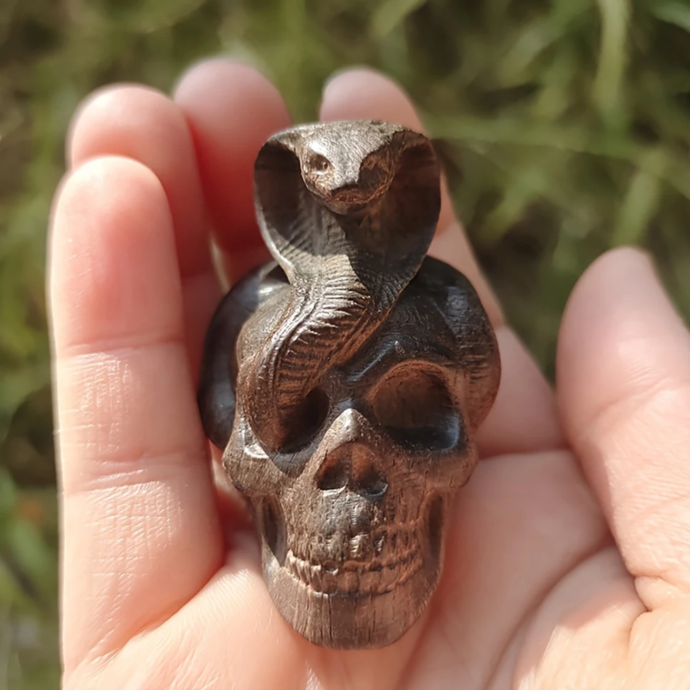Ebony Skull and Snake Creative Wooden Carving Skull and Snake Holiday Decoration Home Interior Desktop Figurine Ornament