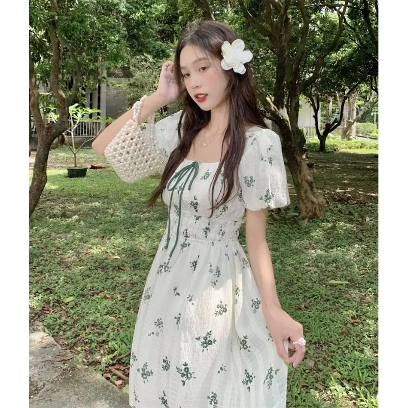 여름 요정 꽃 프린트 비치 드레스 여성 한국어 스위트 스퀘어 칼라 넥타이 하이 웨스트 a 라인 중간 길이 드레스 세련된