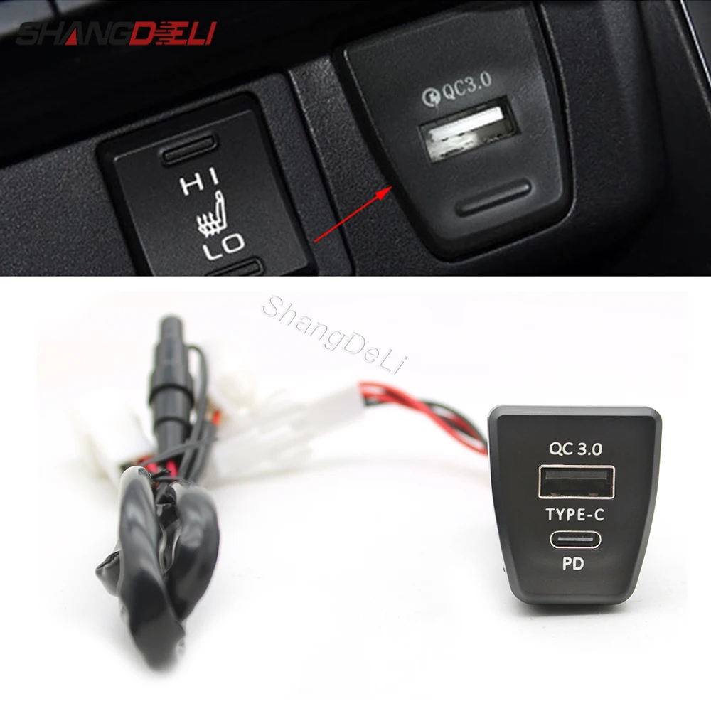 Car Charger TYPE-C PD QC3.0 USB Dual Socket Phone Charger Interface Adapter For Toyota RAV4 rav4 XA50 2019 2020