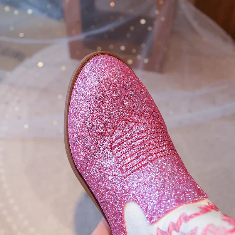 Kinder Mädchen Rosa Glitzer Western Cowboystiefel, Besticktes Design, Seitenreißverschluss, Rutschfeste Sohle für Verkleidungen & Freizeitkleidung EU-Größe – Detail 8