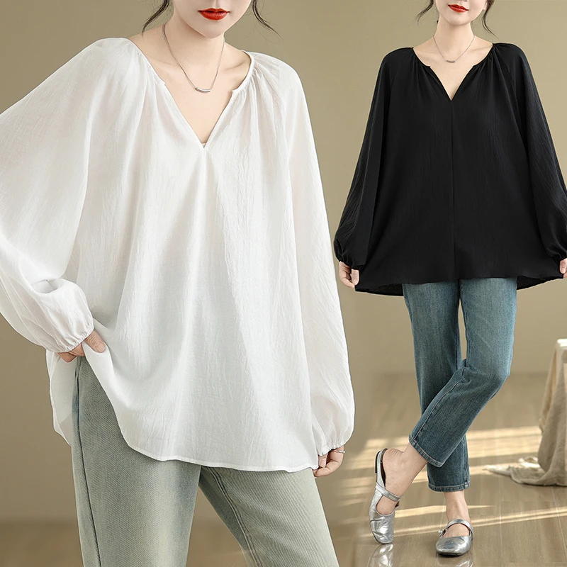 

Loose Fitting Artistic plus Size Shirt Cover Belly Versatile Drapey Nine Sleeve Women's Top Casual Straight Cut Polyester Fiber