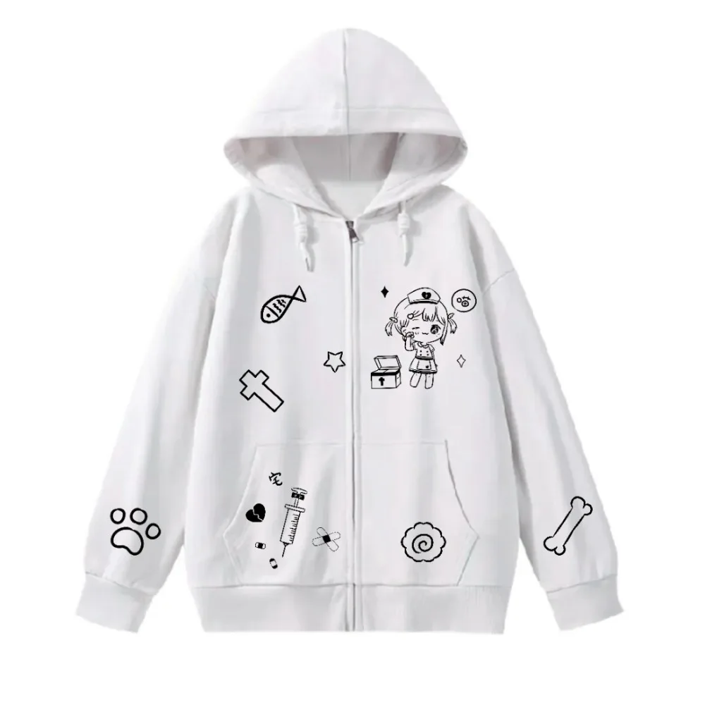 High Quality Cotton Jacket Oversized Hoodies Cat Nurse Japanese Anime Printed Sweatshirt Coat Loose Autumn E-girl Kawaii Clothes