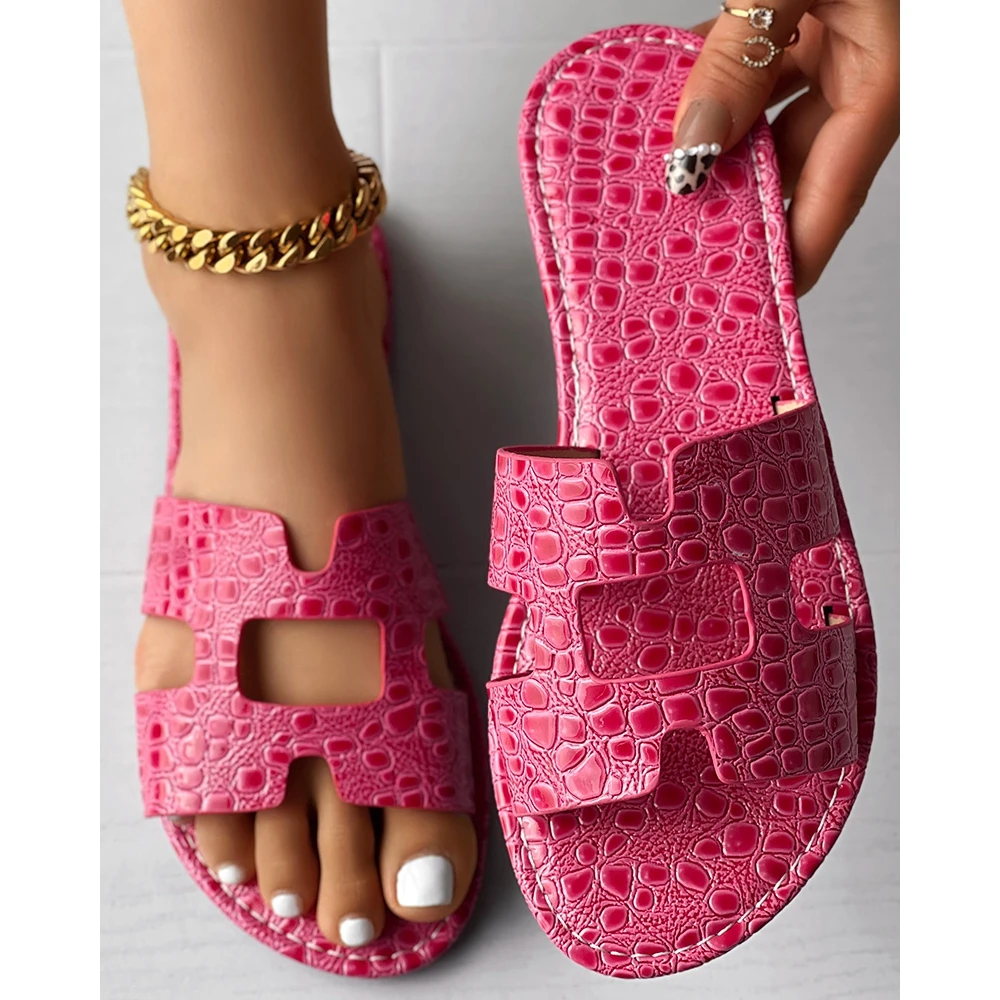 Fashion Women Crocodile Pattern Slippers Lady Summer Casual Hollow Out Round Toe Flats Lightweight Beach Going Out Sexy Shoes