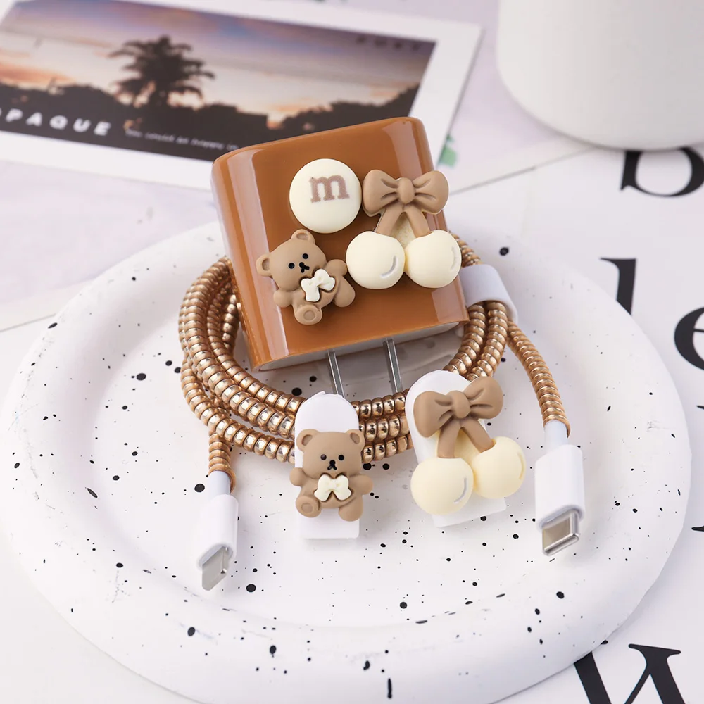 Power Adapter Chargers Cute Brown Bear Data Cable Protective Case Made Of Silicone Full Protection Compatible for iPhone 18-20W