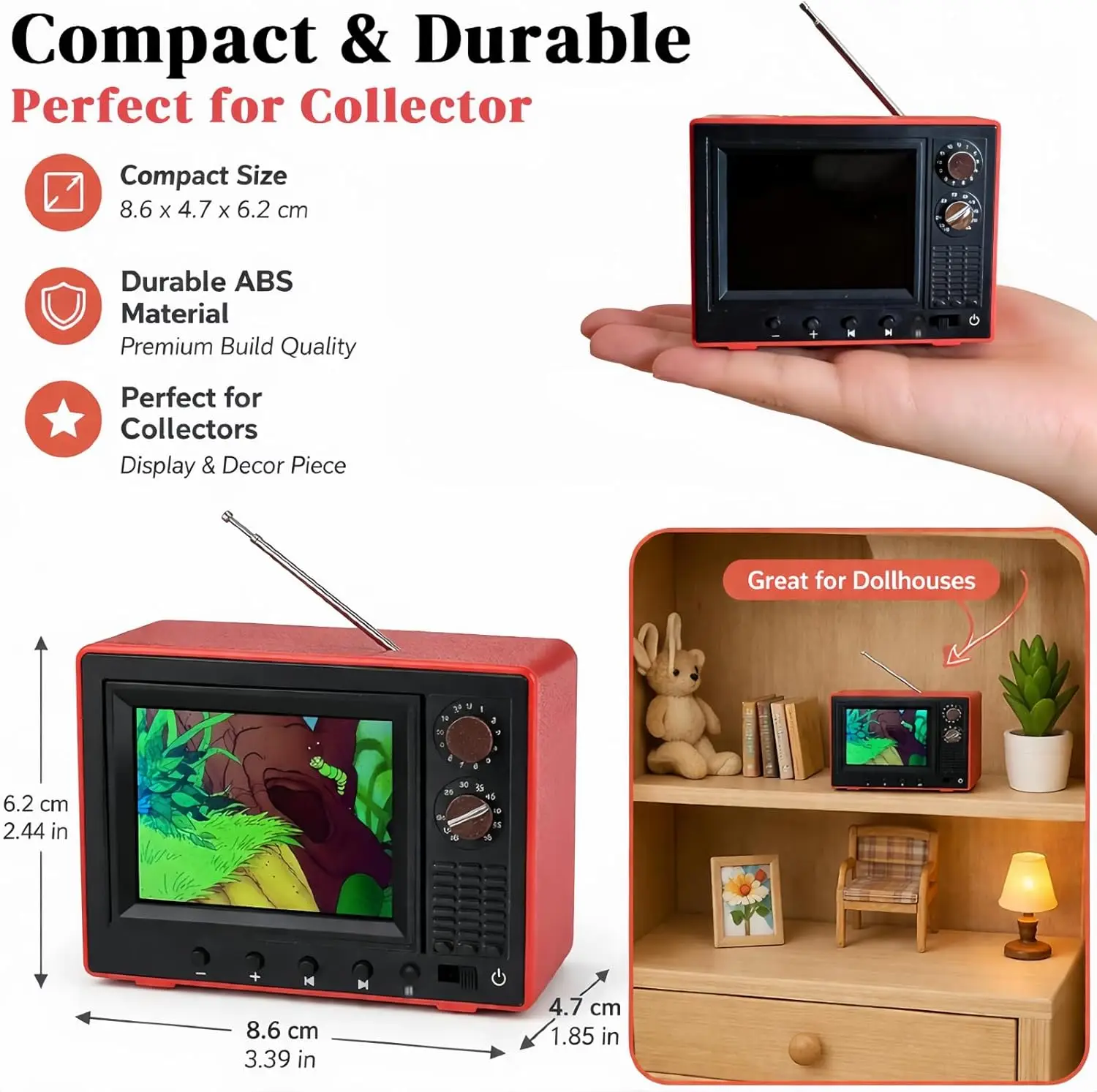 2nd Gen 2.4 Inch Retro Mini TV Playable Video Rechargeable Mini Cartoon TV 8GB Storage with Free Earphone 1:12 Dollhouse Toy