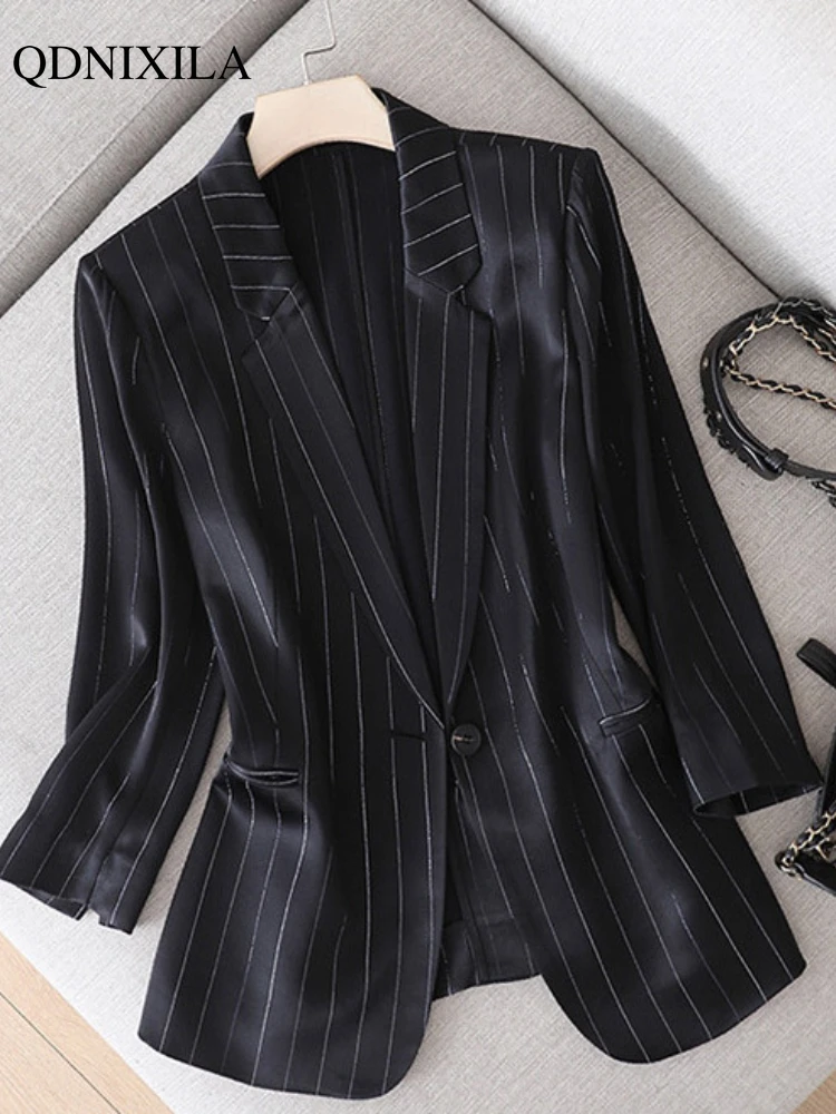 2022 Summer New Japanese Fashion Shiny Acetate Satin Small Women\'s Blazers Jacket Elegant Designer Slim Saggy Silky Ladies Suit