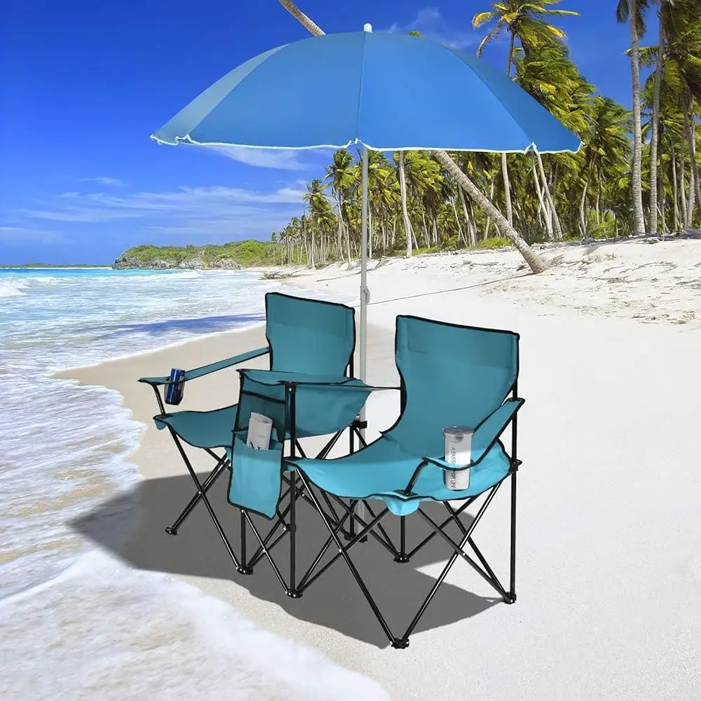 Double Folding Beach Chairs with Removable Umbrella Portable Loveseat with Mini Table Outdoor Picnic Camping Durable Steel Frame