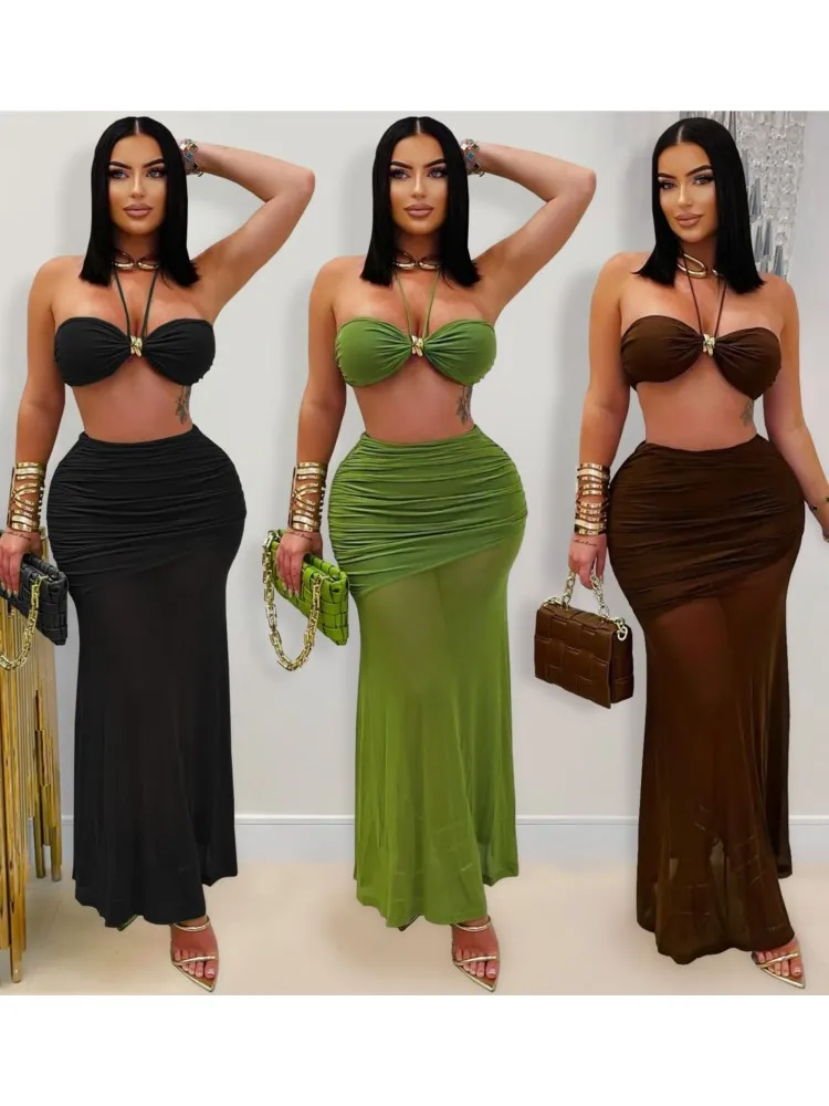 Bademode Rock Cover-up 2-teiliges Set Frauen Crop Tops und langen Rock Badeanzug Fashion Solid Hohl Sexy Strand Cover Up Outfits