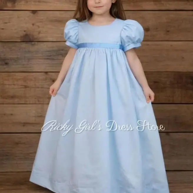 Elegant Blue First Communion Gown Puff Sleeve Long Flower Girl Dress For Wedding Kids Birthday Party Evening Gowns Customized
