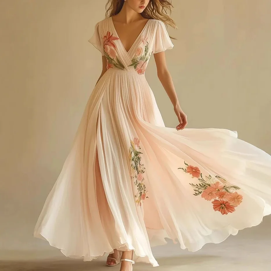 2026 European and American Style Women's Short Sleeve Digital Printing Positioning Dress Long Dress