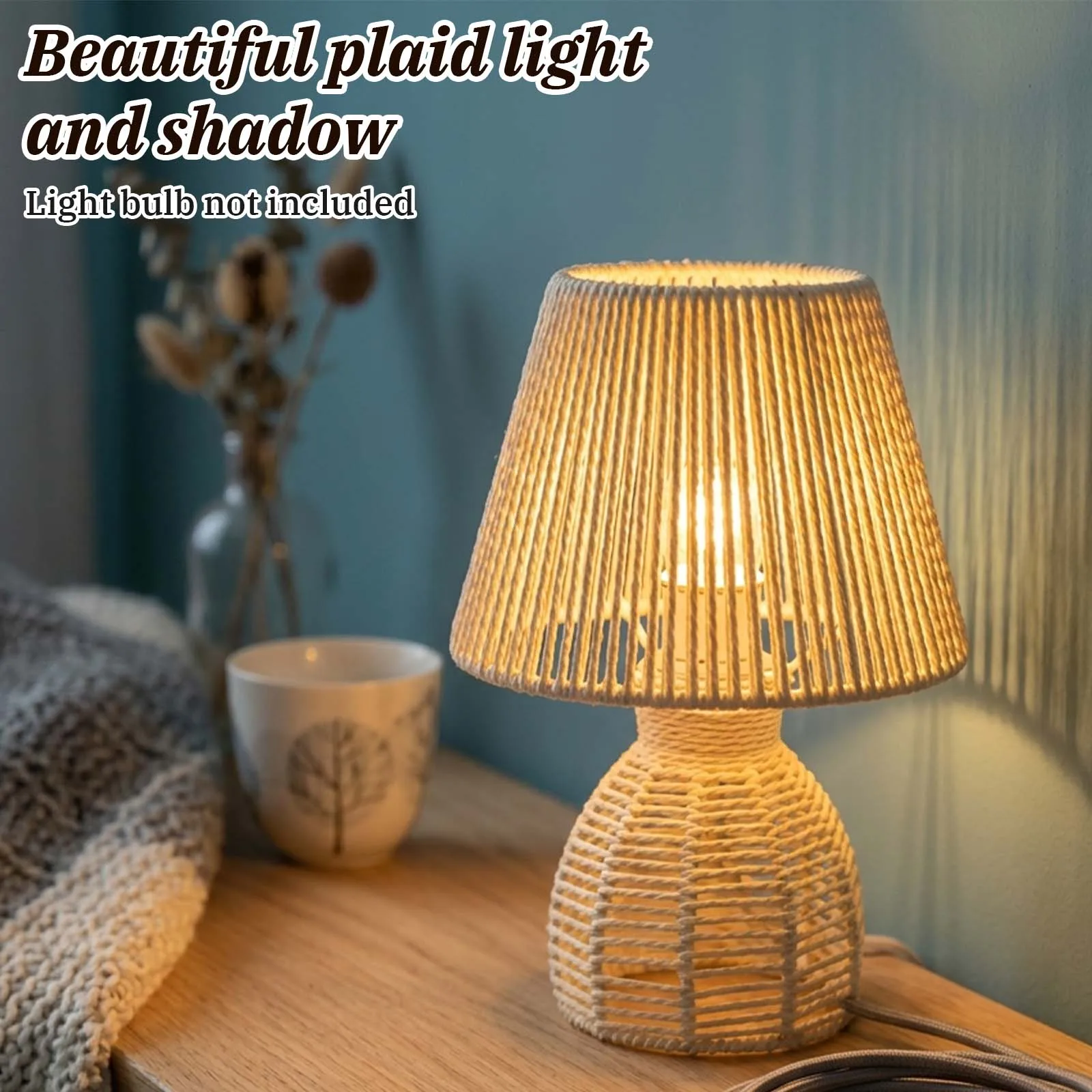 Artisan Rattan Table Lamp Handwoven Shade Natural Brown with Switch for Bedroom Living Room Study