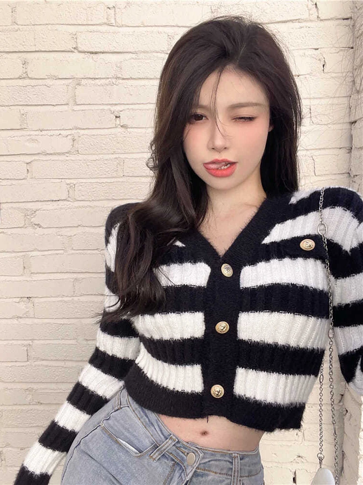 Striped Cardigan Women V-neck Cropped Sexy Lady All-match Casual Ins Trendy Korean Fashion Elegant Gentle Slim Кардиган Женский