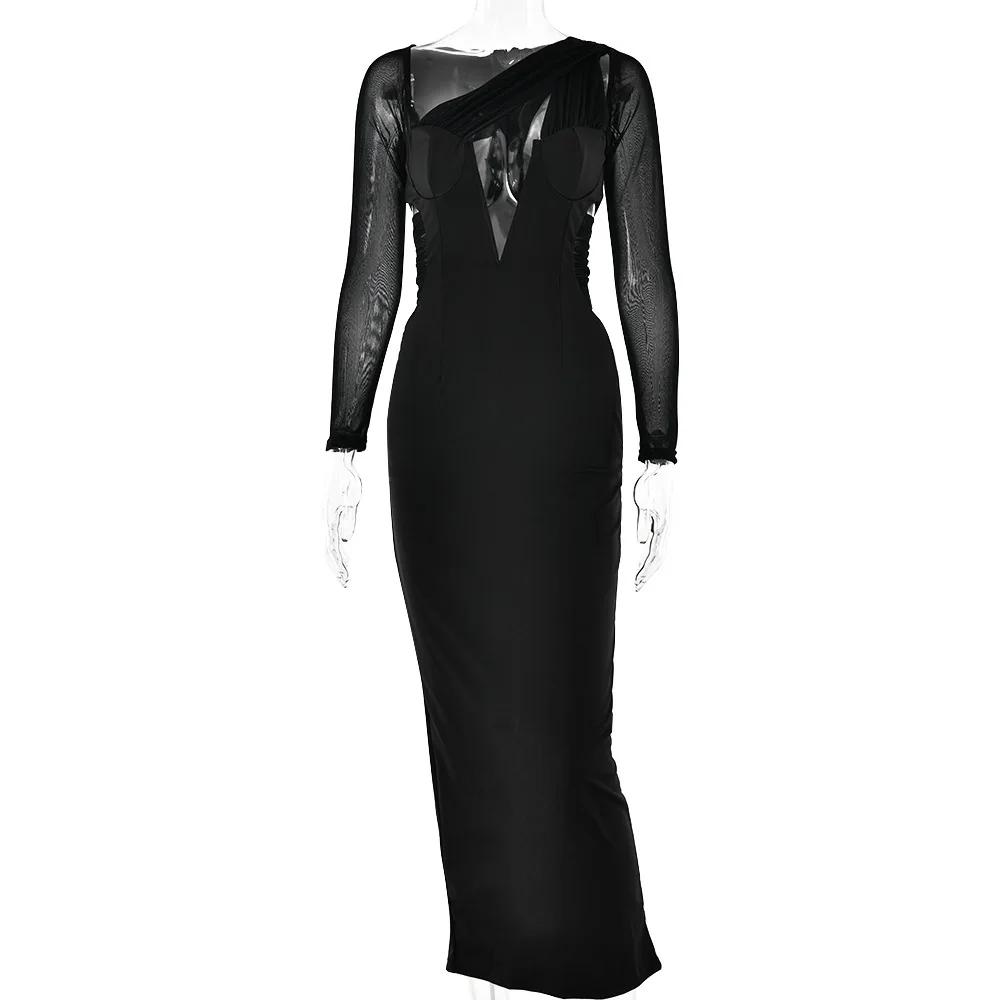 Ins حار بيع جديد أزياء مثير طويلة الأكمام شبكة المرقعة الخامس الرقبة سليم صالح Bodycon فستان طويل