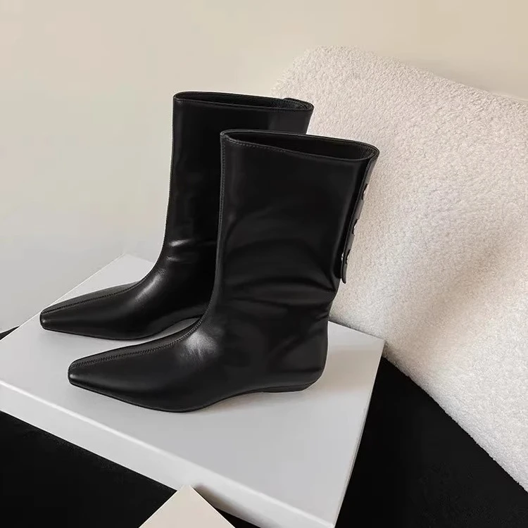 Rindsleder Herbst-Winter Neuer Stil Quadratischer Kopf Keilabsatz Ärmel im Stiefel Mode Kurze Stiefel für Damen – Detail 2