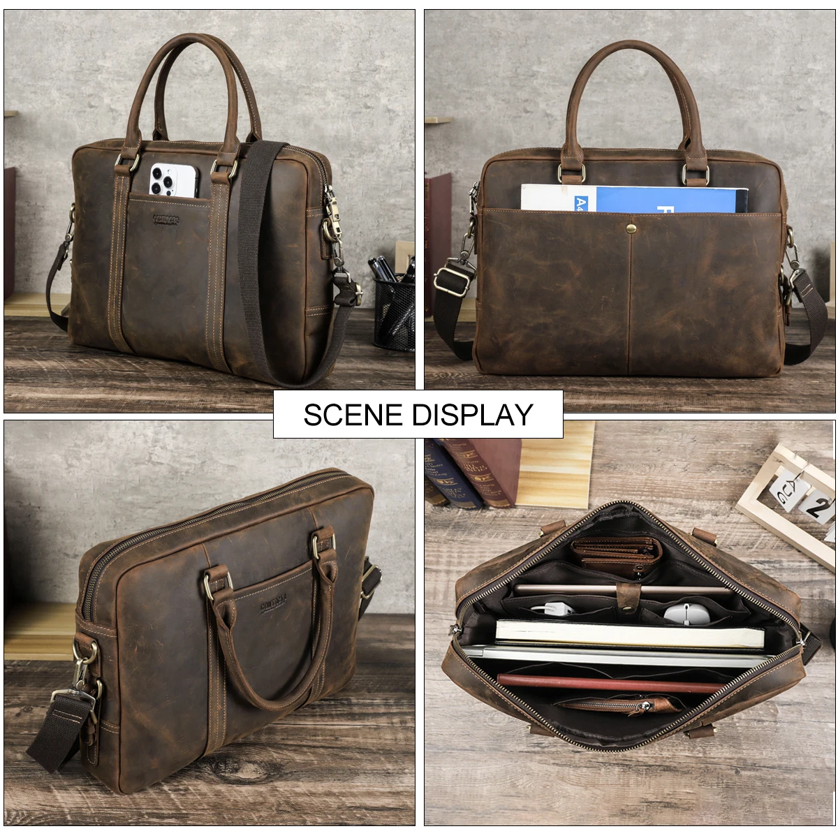 Genuine Crazy Horse  Leather Men Laptop Bags Business Men's Briefcase Male Shoulder Tote Handbag Casual Crossbody Bag