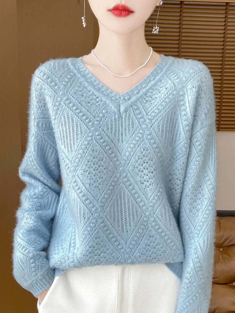 Fashion 100% Merino Wool Sweater Elegant Cashmere Pullover Women V-Neck Long Sleeve Knitwear Basic Thick Loose Jumper Tops