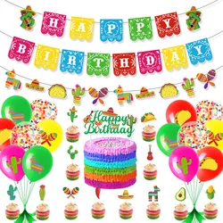 Mexican Fiesta Theme Banner TACO Cactus Pinata Cake Topper Swirls Hanging Balloons for Cinco De Mayo Birthday Party Decoration