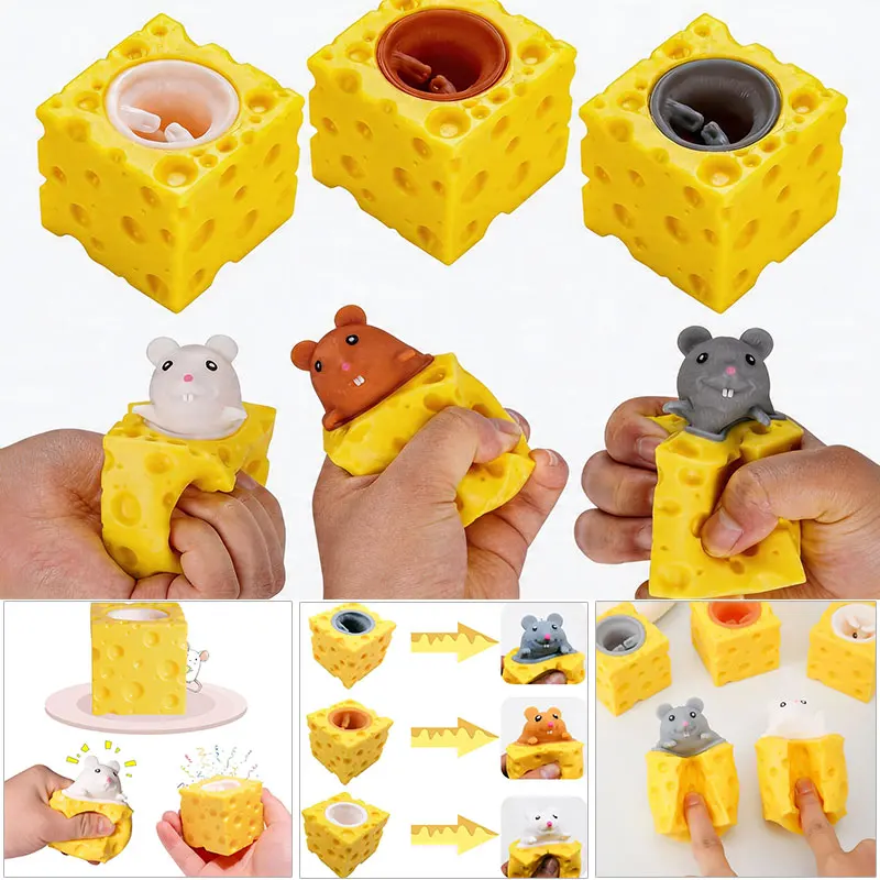 Funny Mouse and Cheese Squeeze Anti-stress Toy Cute Mice Squeeze  Cup Stress Relief Fidget Toys Kids Adults Birthday Party Favor