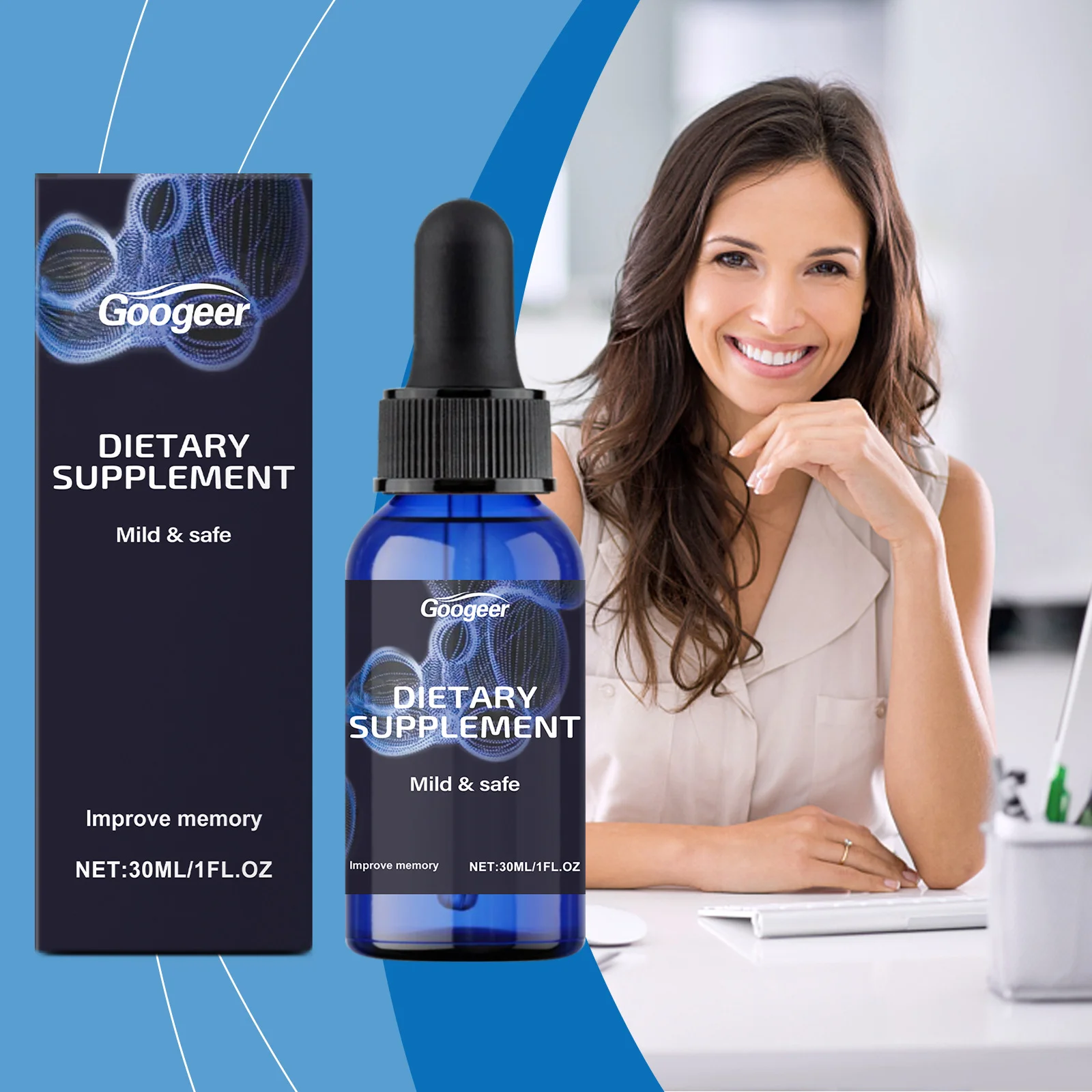 Googeer Methylene Blue Drops Memory Focus Support Drops with Vitamin B1 Mint Leaf Extract Gluconolactone Alcohol Free 30 ML