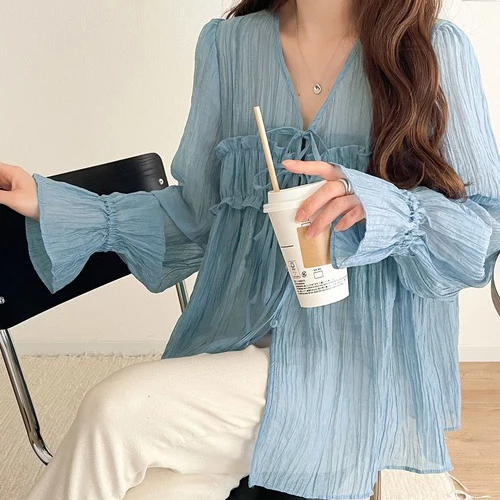 Weekend Pear Fragrance Women's Shirt Bow Tie Bell Sleeve Transparent Lace  Beautiful Ribbon Ultra Light Breathable Long S...