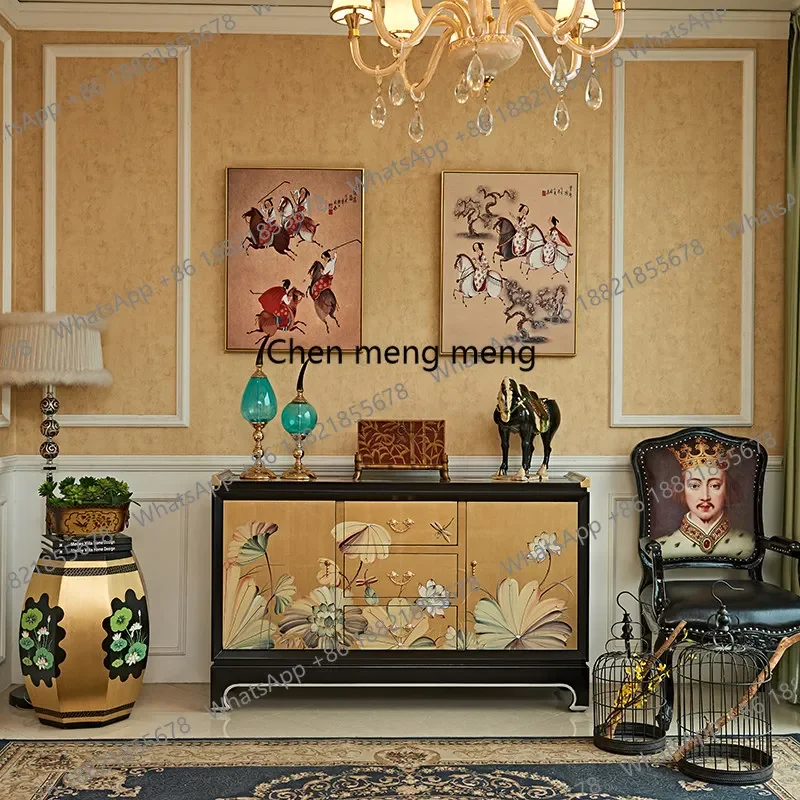 F150 Painted lotus new Chinese American style living room entrance decoration dining side storage shoe cabinet