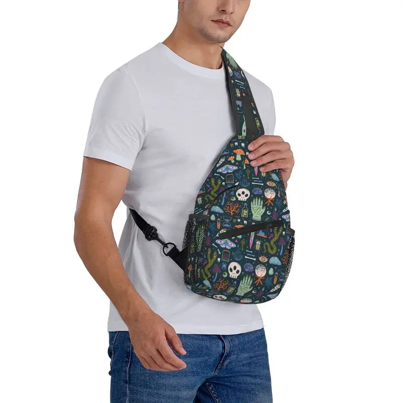 Bolsa de peito crossbody com estampa de bruxa masculina mochila de ombro casual para viagens e ciclismo
