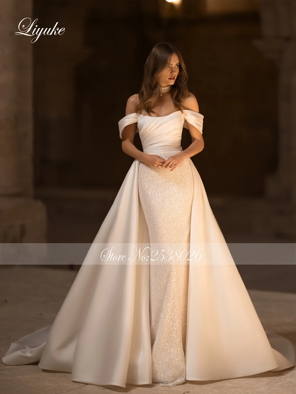 Liyuke-vestidos de novia elegantes 2 en 1, traje de sirena con tren extraíble, Mangas de satén con hombros descubiertos, estilo trompeta