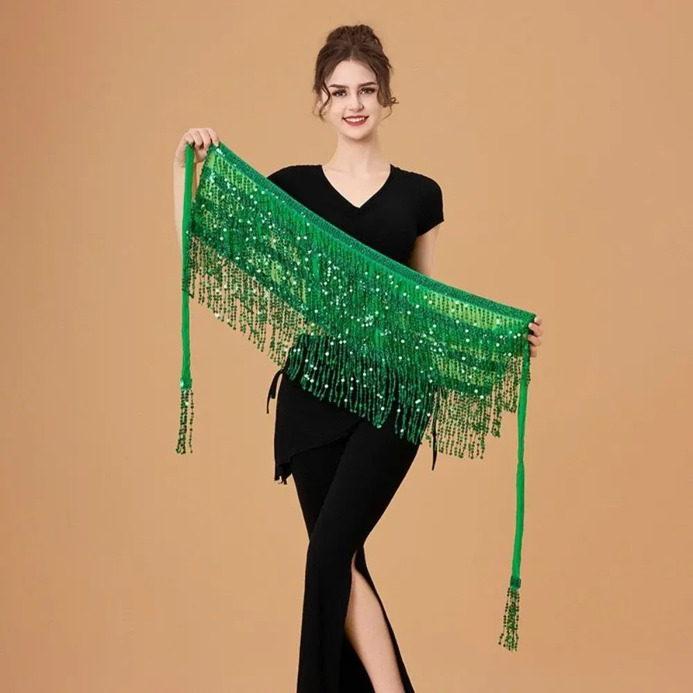 Modna spódnica do tańca brzucha z cekinami, łańcuszkiem i frędzlami, błyszczący strój do tańca brzucha, indyjska chusta do tańca, kostium na występy.