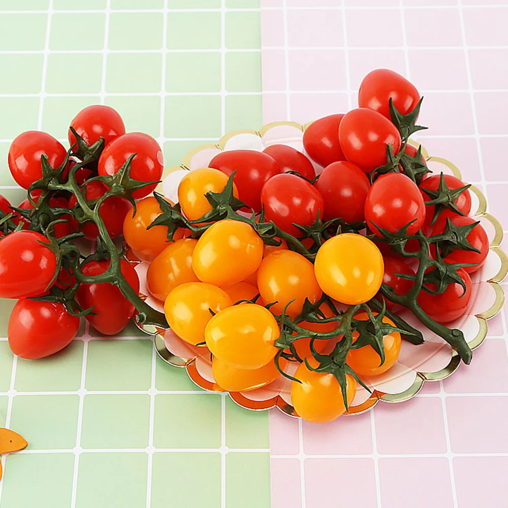 Tomate Artificial de 19 cm, Rojo y Amarillo, Tomate Falso en Rama, Fruta y Vegetal, Accesorios de Fotografía, Decoración para Exhibición, Adorno para el Hogar