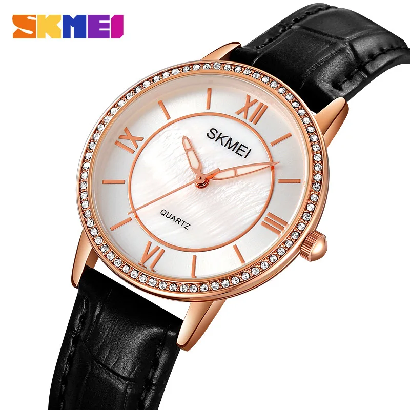SkmeiWomen's สายนาฬิกาหนังเรียบง่ายและสดนาฬิกาควอทซ์ Casual ผู้หญิงนาฬิกาธุรกิจกันน้ํา