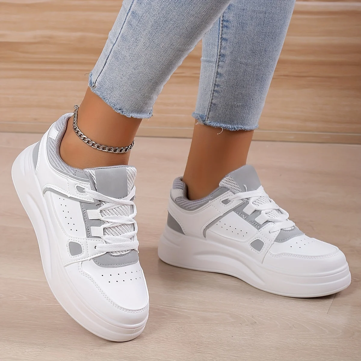 Spring Women Faux Leather Sneakers Lace Up Low-top Round Toe Thick Bottom Outdoor  Women Shoes Comfy Versatile Zapatos De Mujer