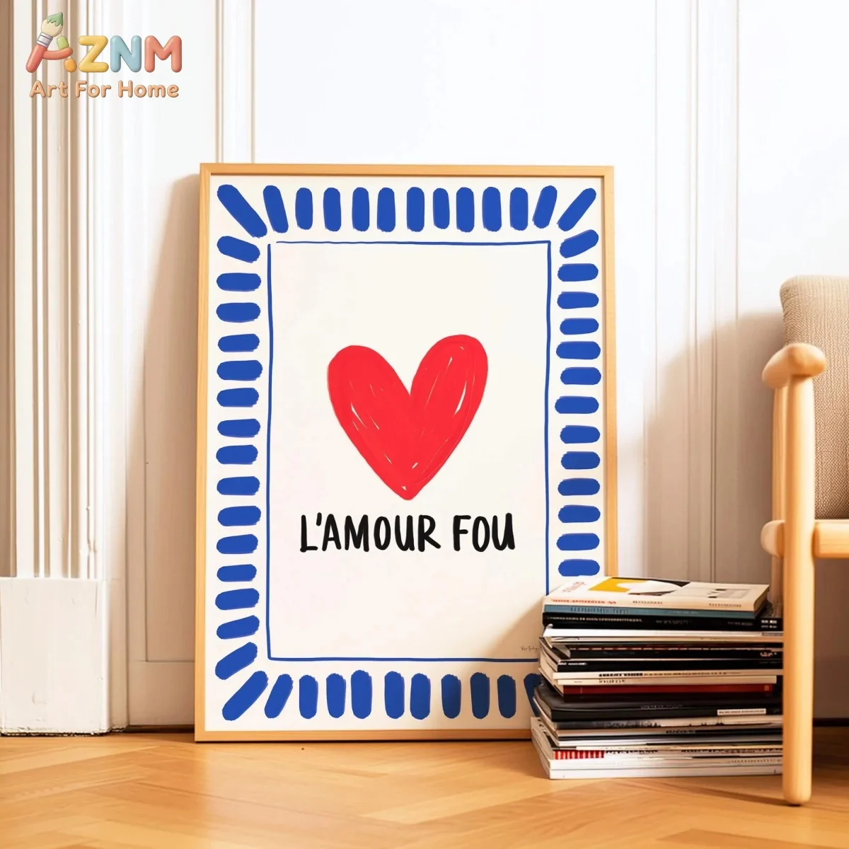 AZNM L'Amour Fou Red Heart Canvas Wall Art Blue Hand Drawn Border French Love Quote Minimalist Print Unframed Canvas Romantic Be
