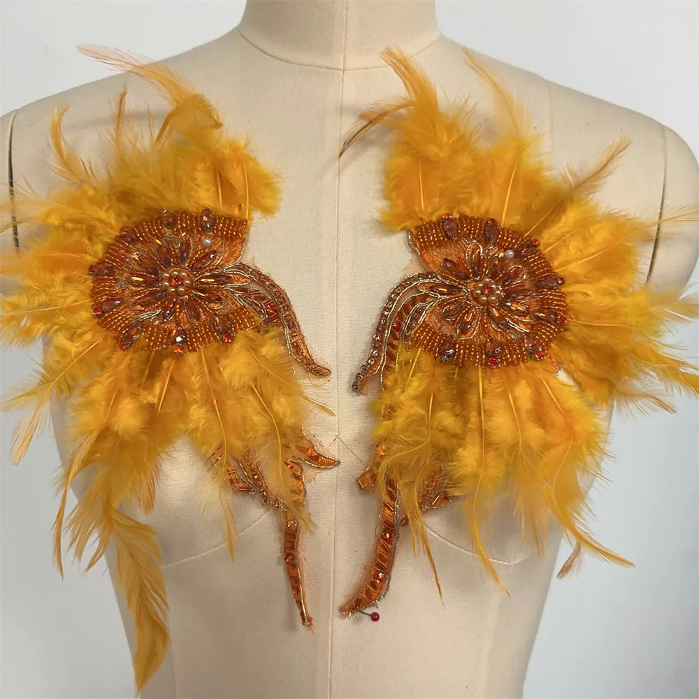 Artificial Feather beaded embroidery Appliques For Wedding Dresses Bridal Crystal Accessories DIY Craft Supplies