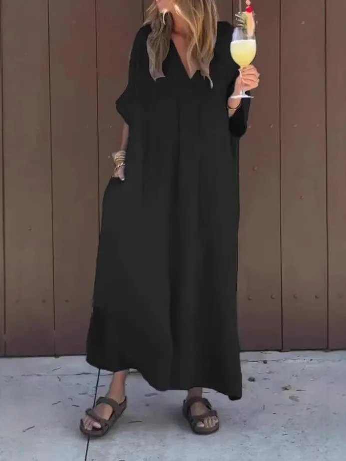 Luźna, długa spódnica damska z dekoltem w serek, wykonana z mieszanki bawełny i poliestru, idealna na lato, o kroju litery A.