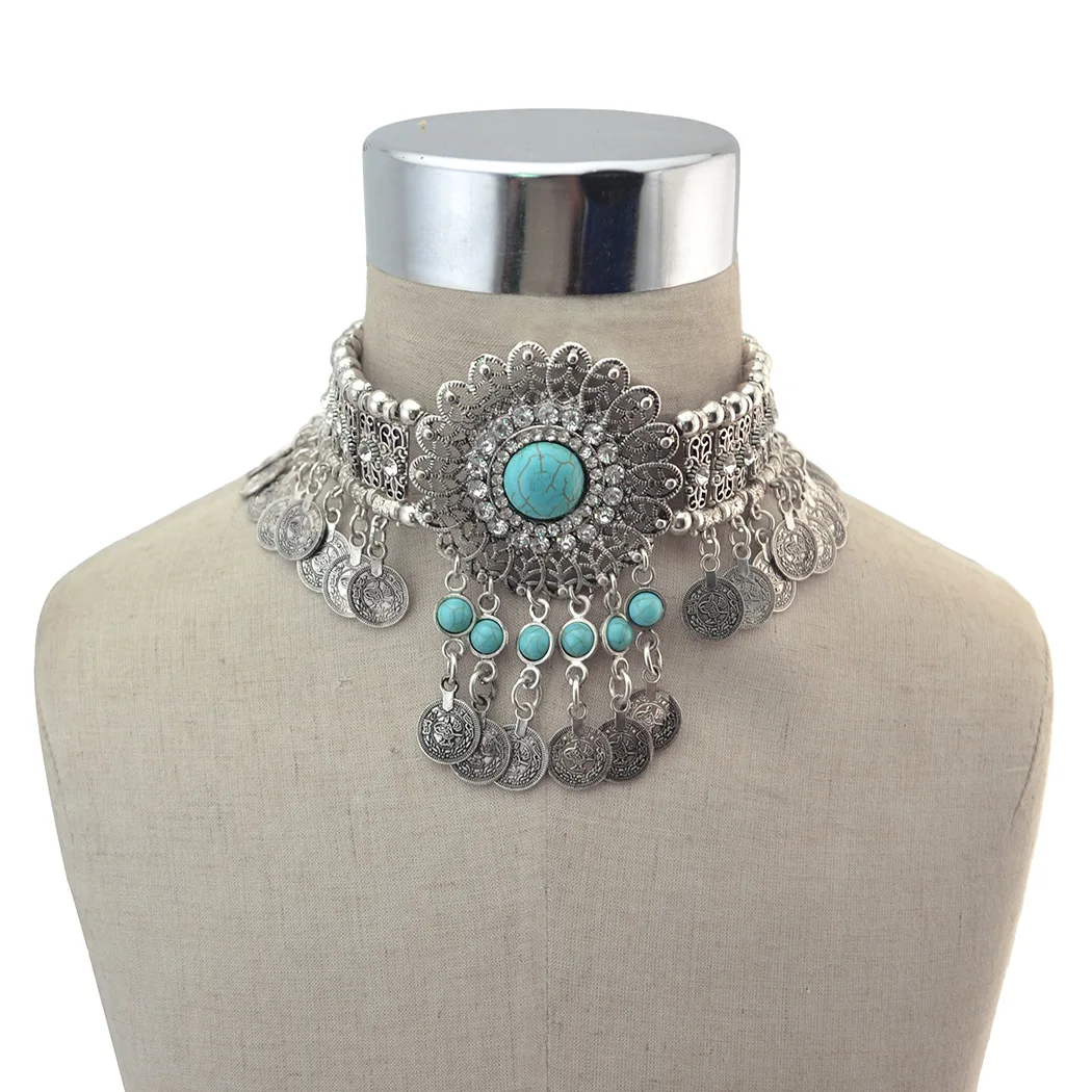 Bohemian Turquoise Vintage Silvery Coin Tassel Necklace For Women Gypsy Rhinestone Flower Chain Choker Collar Fashion Jewerly