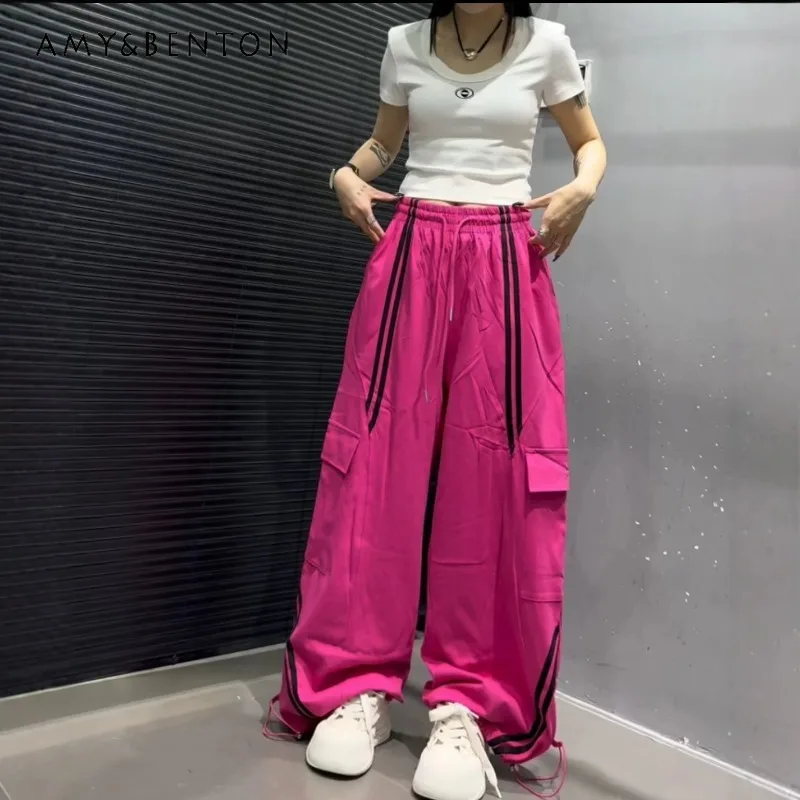 

European Style Casual Slacks Women's 2026 Summer New Y2k Double Stripe Drawstring Design 3D Big Pocket Loose Casual Long Pants
