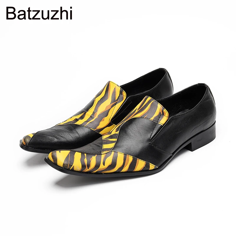 

Batzuzhi New Designer's Men's Shoes Gold Black Genuine Leather Dress Shoes Man Slip on Square Toe Business, Party Shoes for Man!