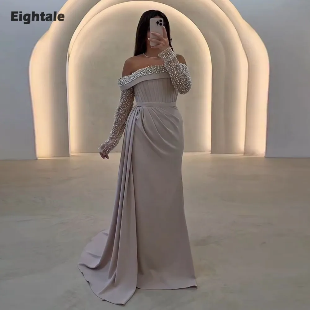

Eightale Arabic Evening Dress Luxury Strapless Prom Gown Customized Long Sleeves Wedding Party Dress Pearls Mermaid