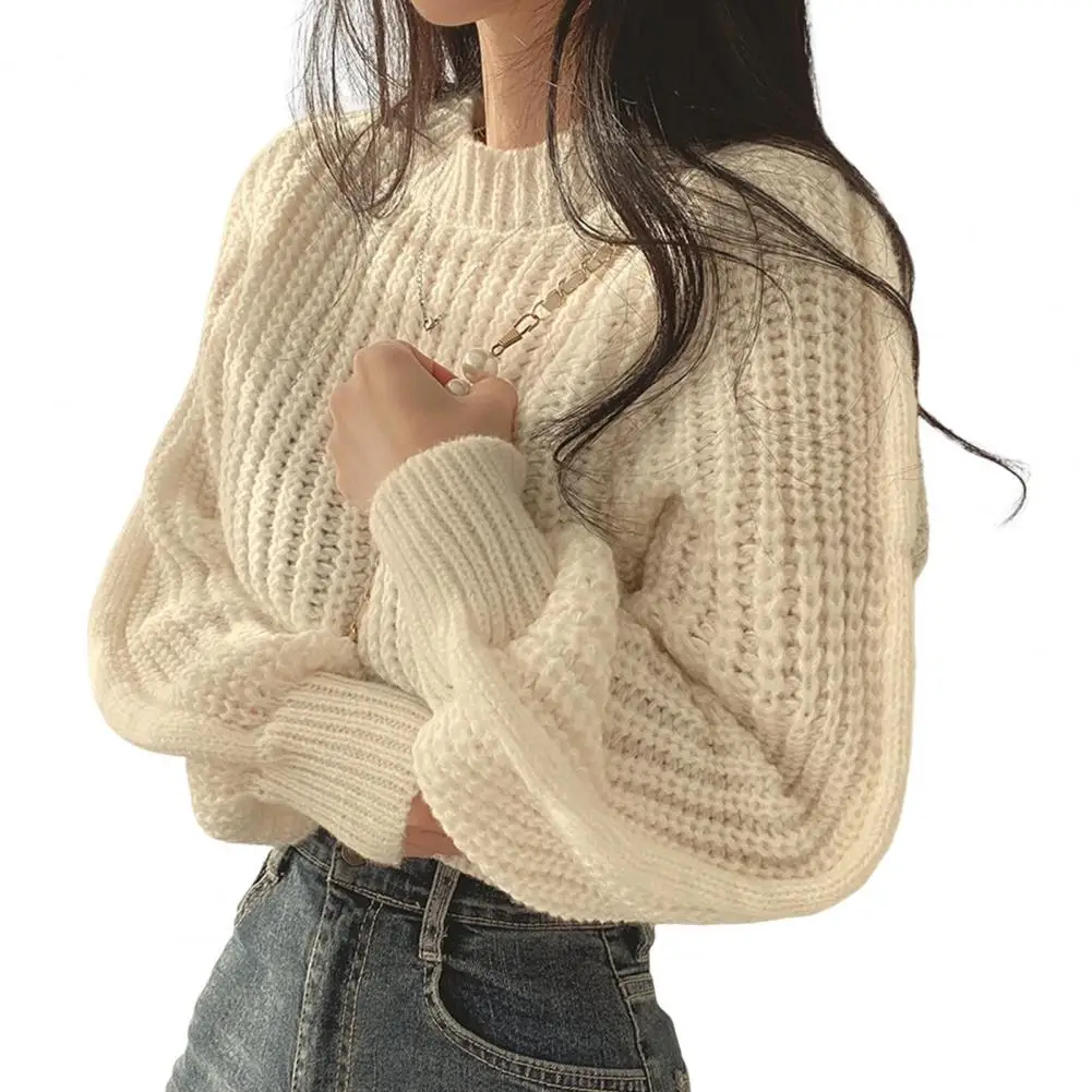 Elegant Autumn Winter Sweater Women Knitting Tops Round Neck Puff Loose Fit Casual Top Ribbed Trim Pullover Sweater